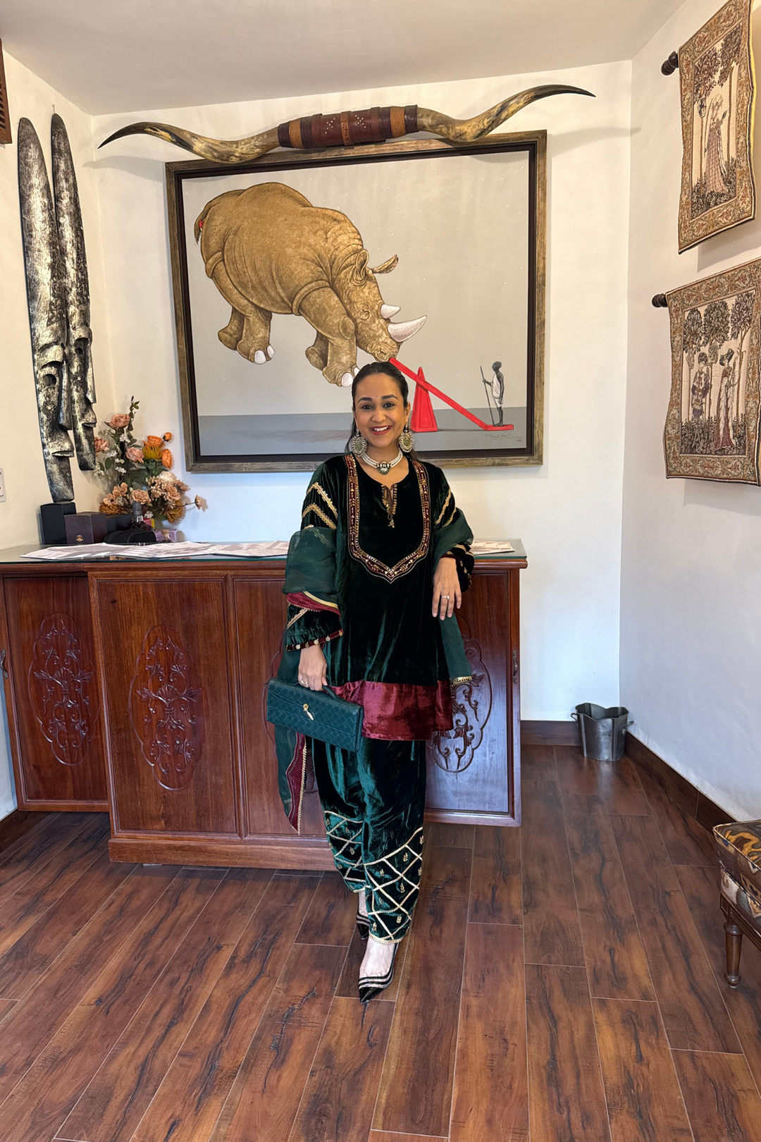 GREEN  VELVET SHORT KURTA WITH FARSHI SALWAR SET