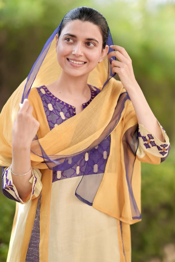 Roop: Cotton Silk Kali Kurta set - Mustard and Purple