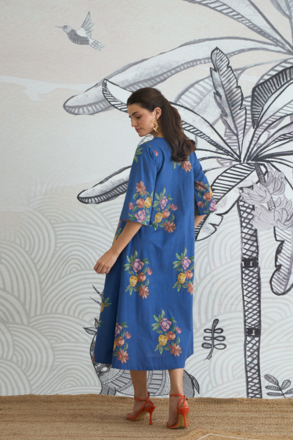 BLUE FLOWER V-NECK LONG DRESS WITH SLEEVES