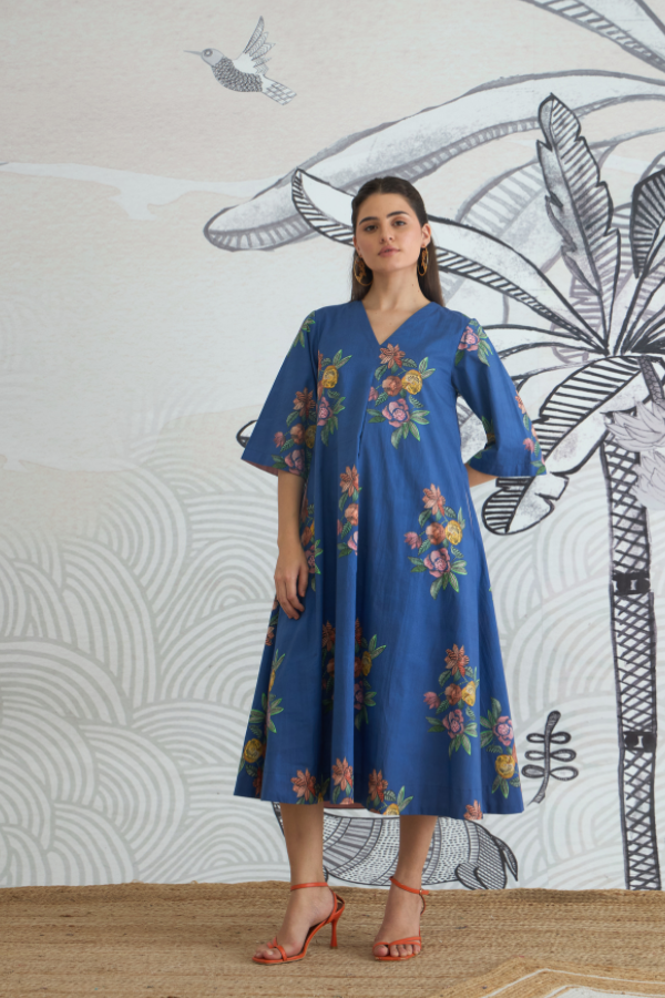 BLUE FLOWER V-NECK LONG DRESS WITH SLEEVES