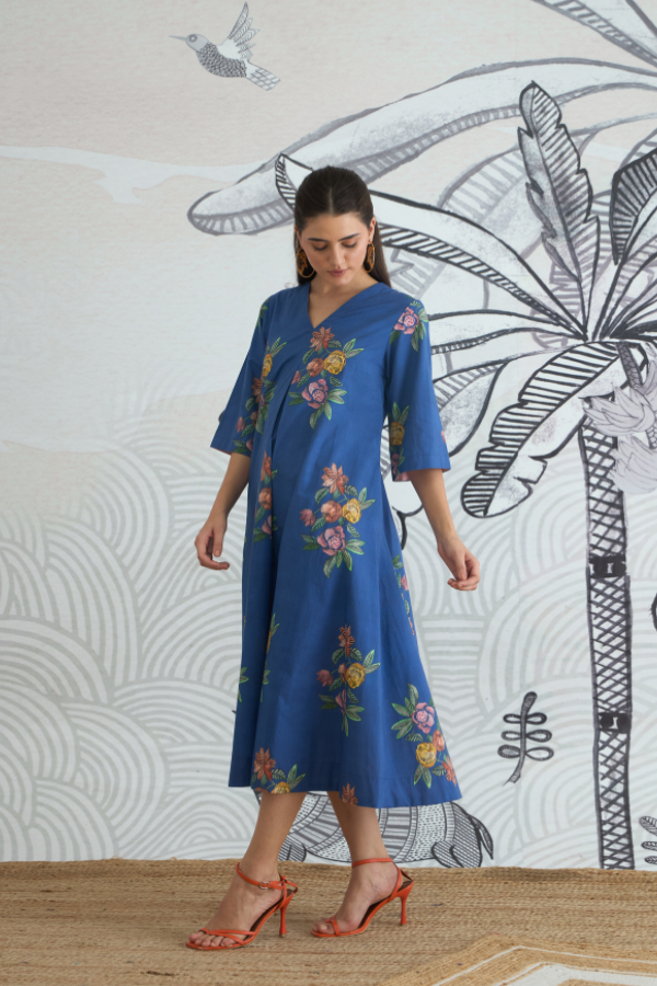 BLUE FLOWER V-NECK LONG DRESS WITH SLEEVES