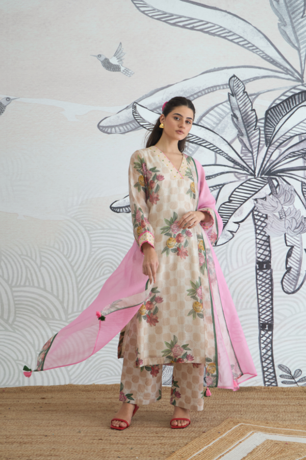 BEIGE CHECK FLOWER V-NECK KURTA SET