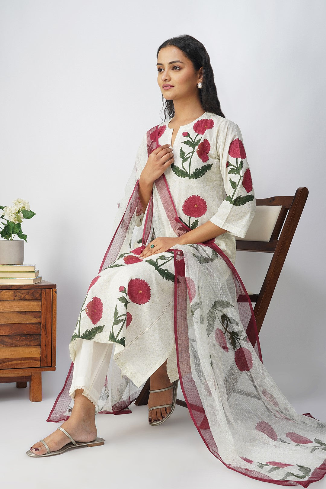 White Floral Block Printed Kali Kurta Set