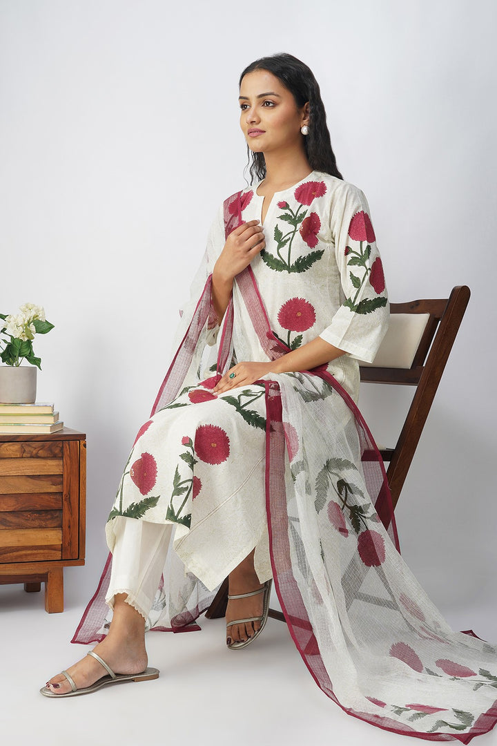 White Floral Block Printed Kali Kurta Set