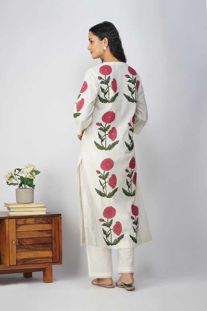White Floral Block Printed Kali Kurta Set