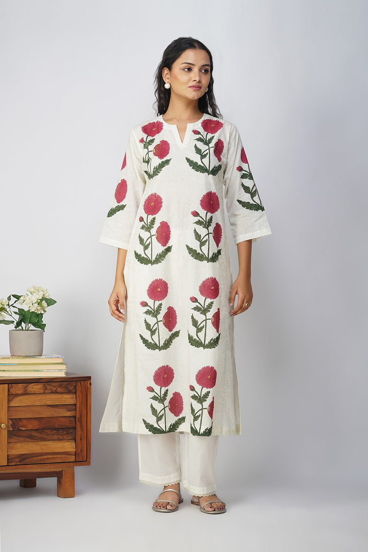 White Floral Block Printed Kali Kurta Set
