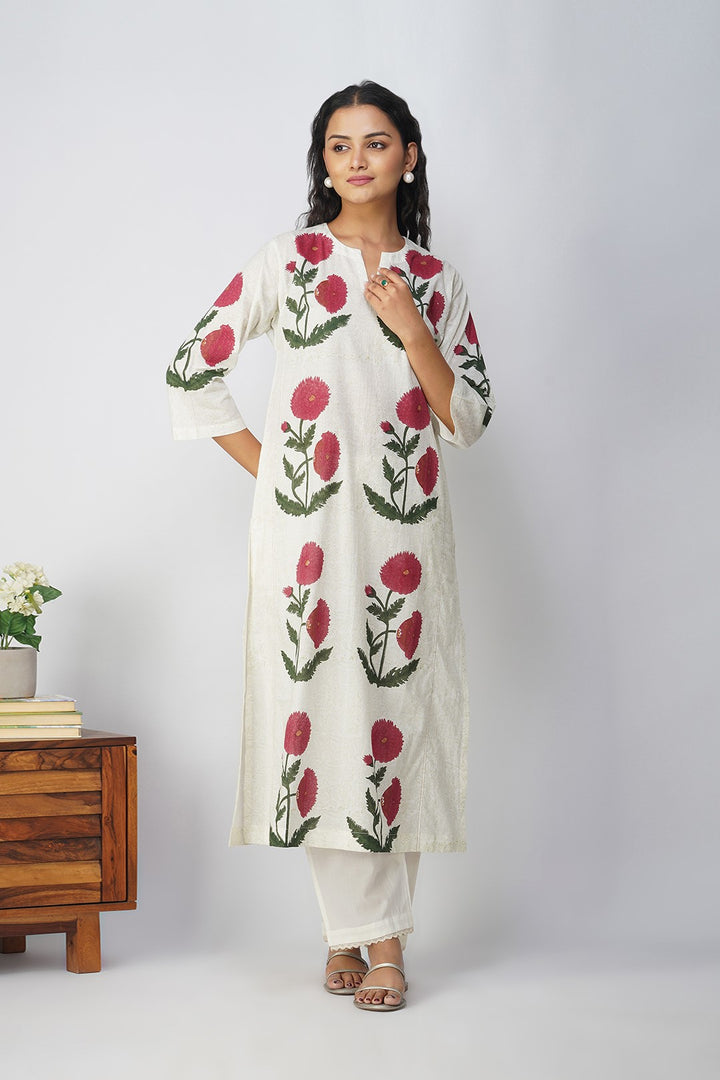 White Floral Block Printed Kali Kurta Set