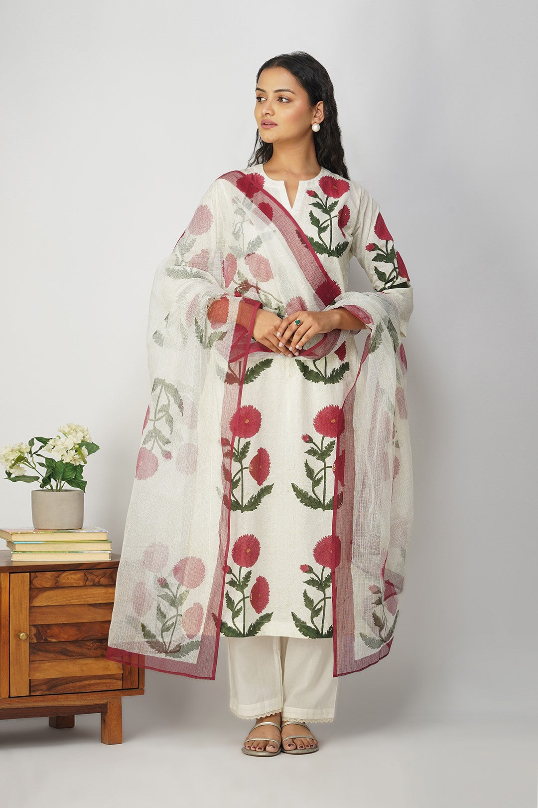 White Floral Block Printed Kali Kurta Set