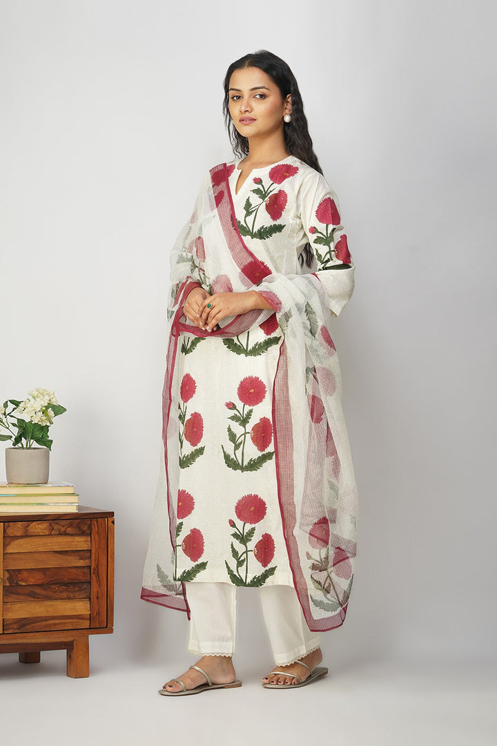 White Floral Block Printed Kali Kurta Set