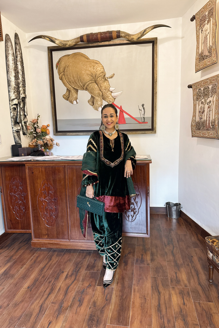 GREEN  VELVET SHORT KURTA WITH FARSHI SALWAR SET