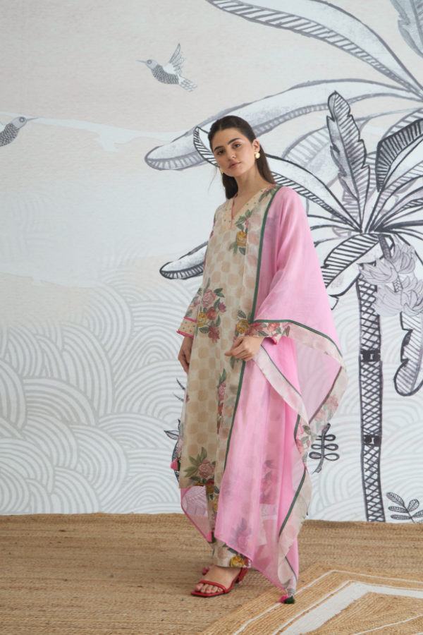 BEIGE CHECK FLOWER V-NECK KURTA SET
