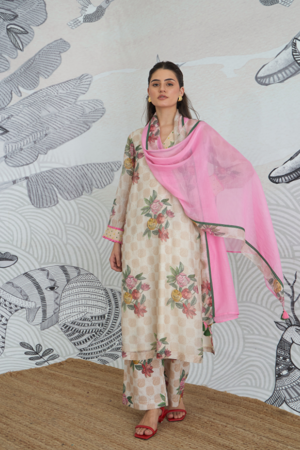 BEIGE CHECK FLOWER V-NECK KURTA SET