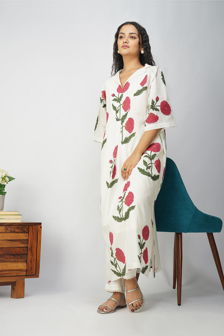 White Kaftan with Pink Floral Print and Slip With Lace Pants