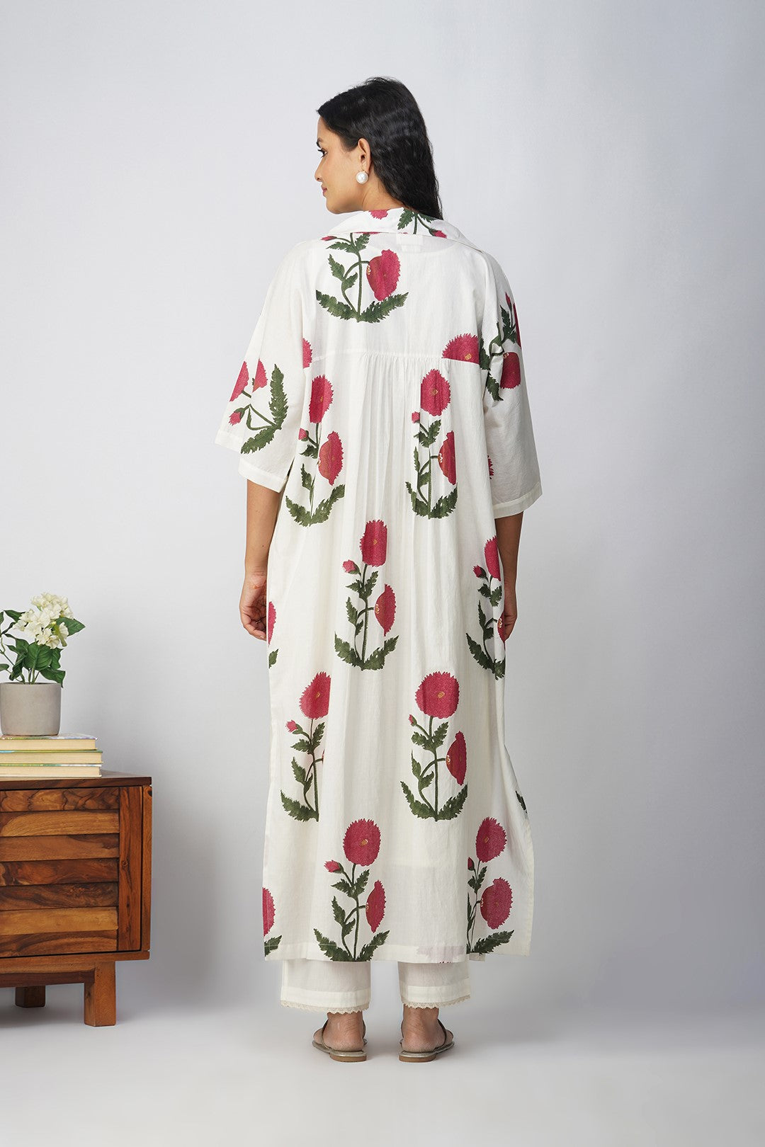 White Kaftan with Pink Floral Print and Slip With Lace Pants