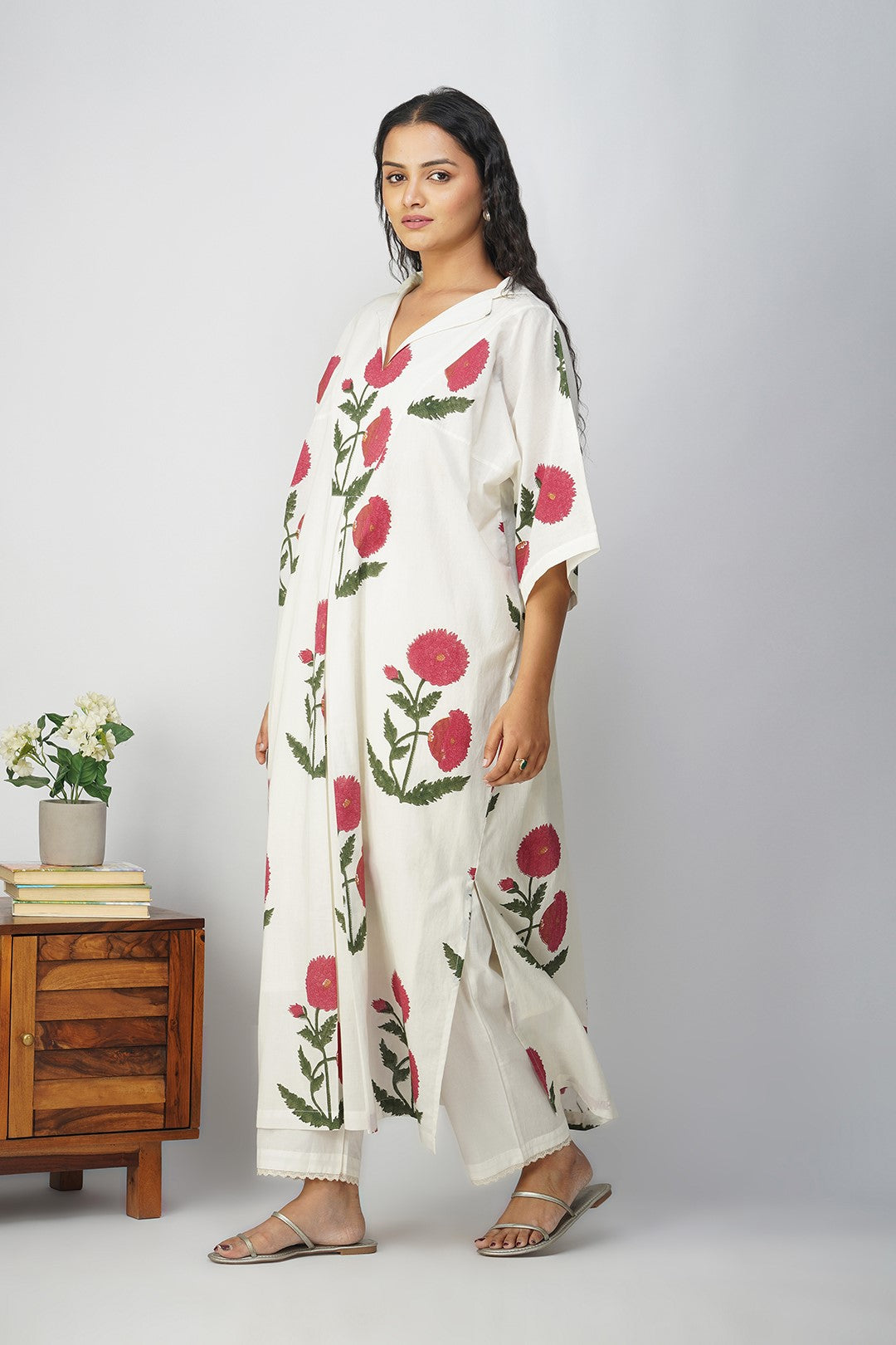 White Kaftan with Pink Floral Print and Slip With Lace Pants