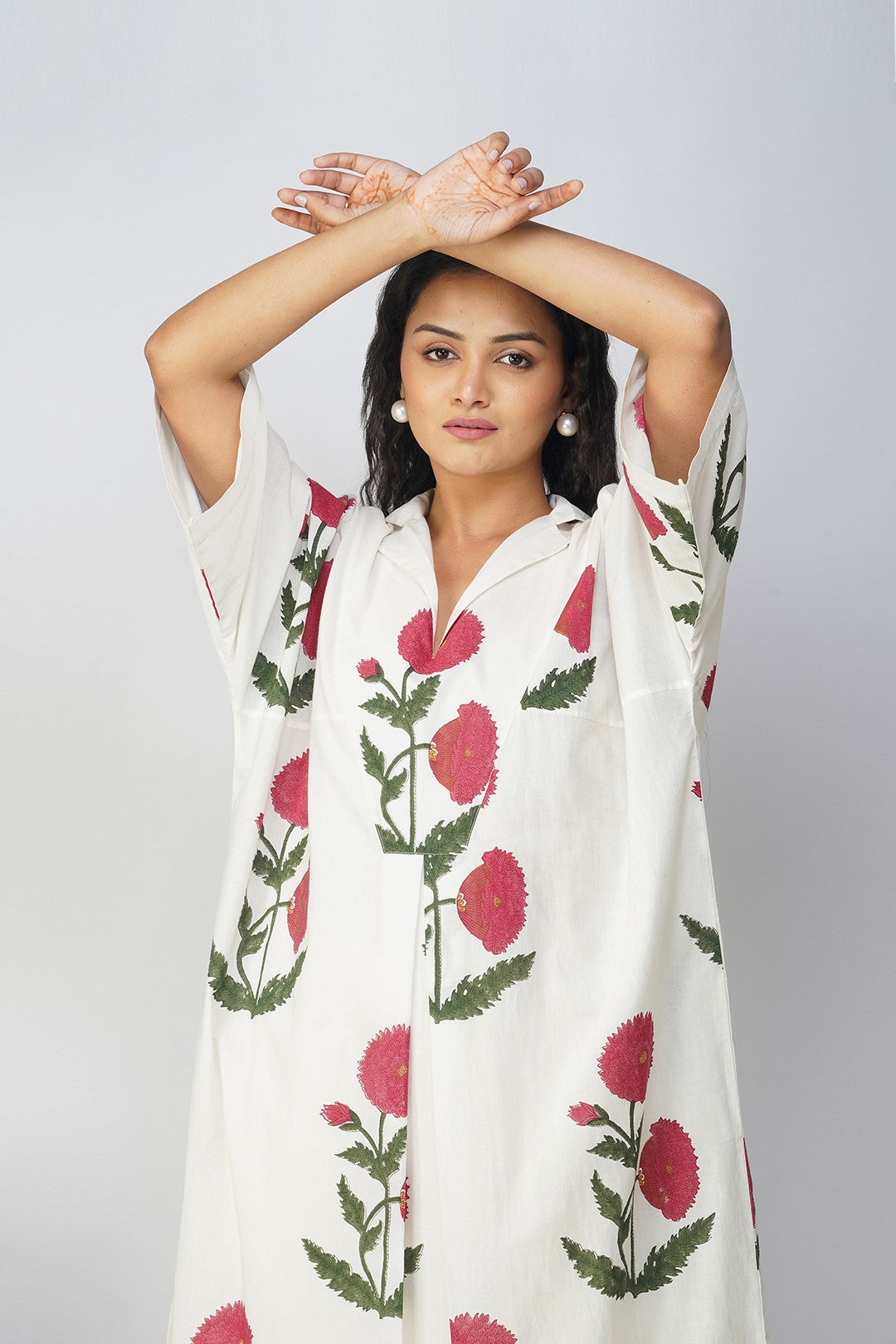 White Kaftan with Pink Floral Print and Slip With Lace Pants