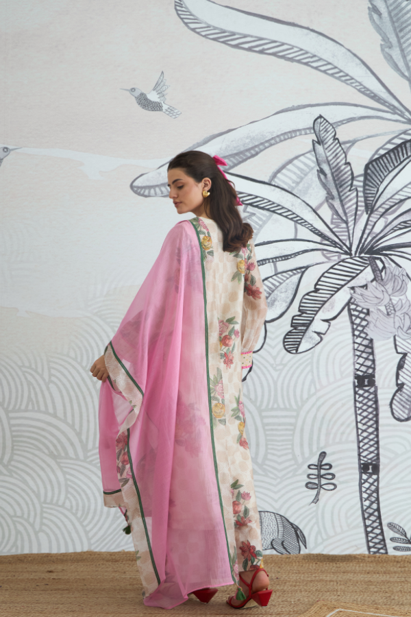 BEIGE CHECK FLOWER V-NECK DUPATTA