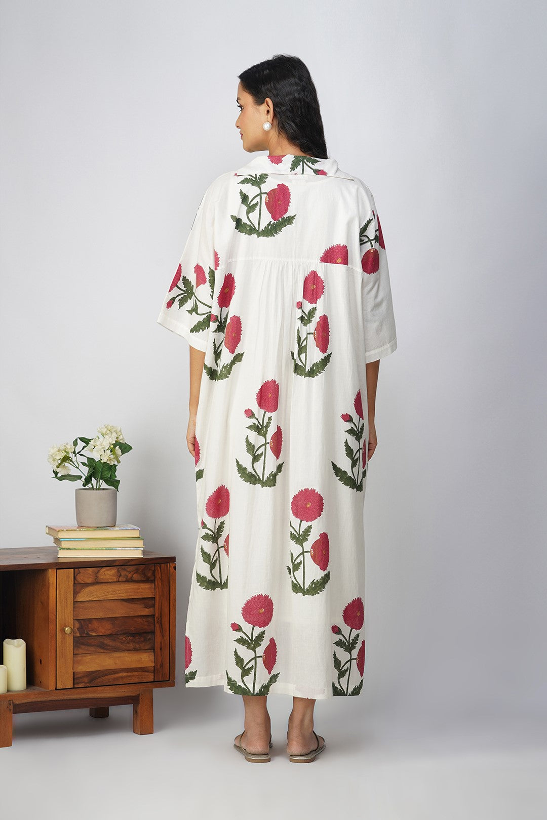 White Kaftan with Pink Floral Print