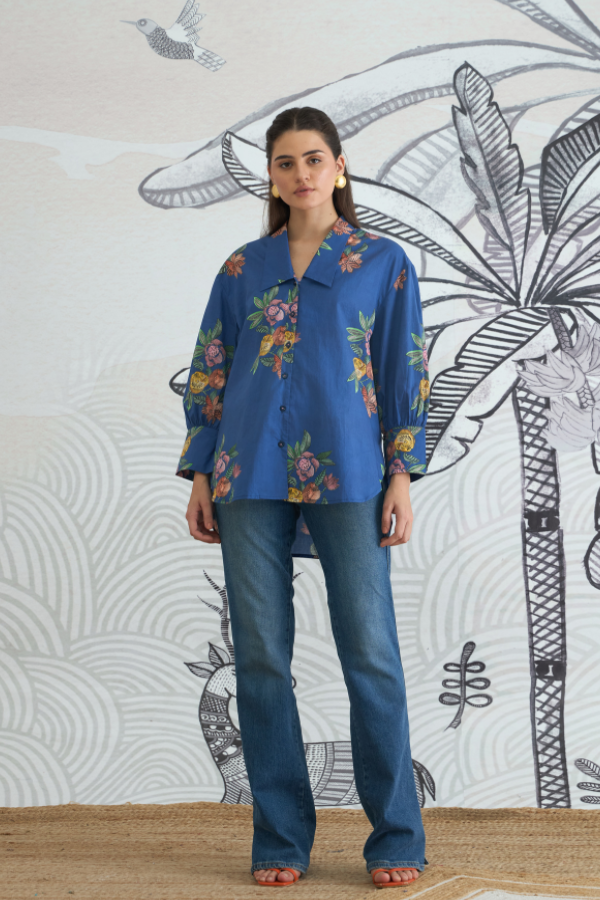BLUE FLOWER BIG COLLAR SHIRT