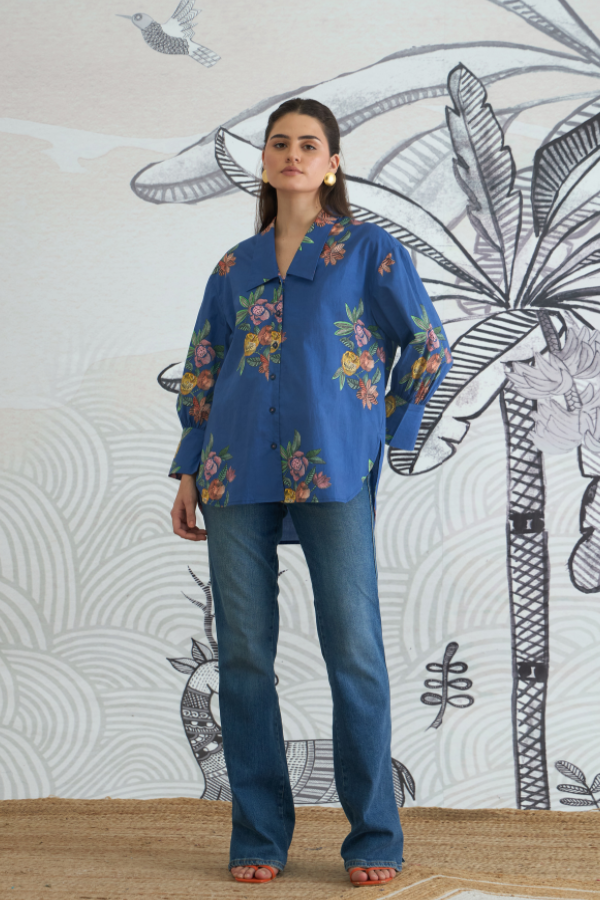 BLUE FLOWER BIG COLLAR SHIRT