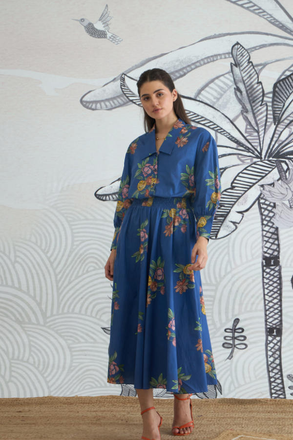 BLUE FLOWER BIG COLLAR SHIRT WITH BLUE FLOWER SKIRT