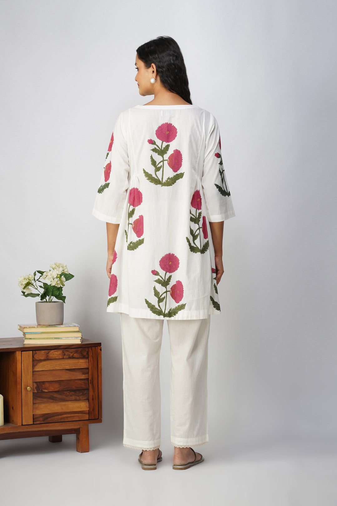 White Side Gather tunic with Pink Floral Print and Lace Pants