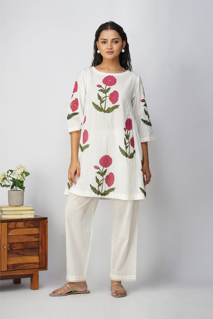 White Side Gather tunic with Pink Floral Print and Lace Pants