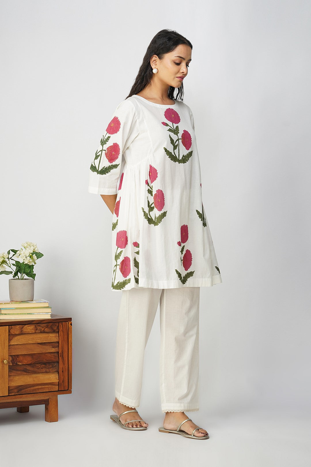 White Side Gather tunic with Pink Floral Print