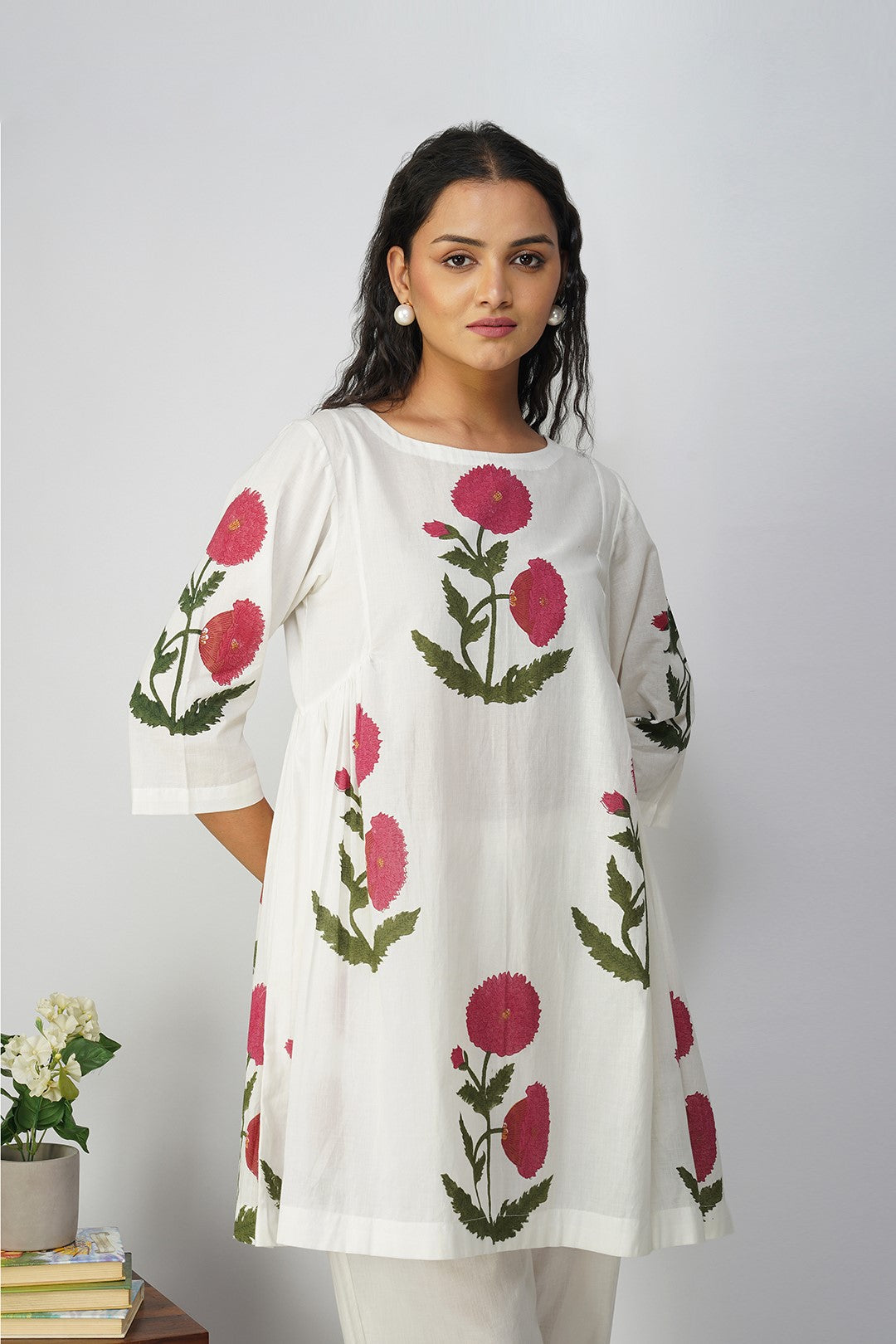 White Side Gather tunic with Pink Floral Print