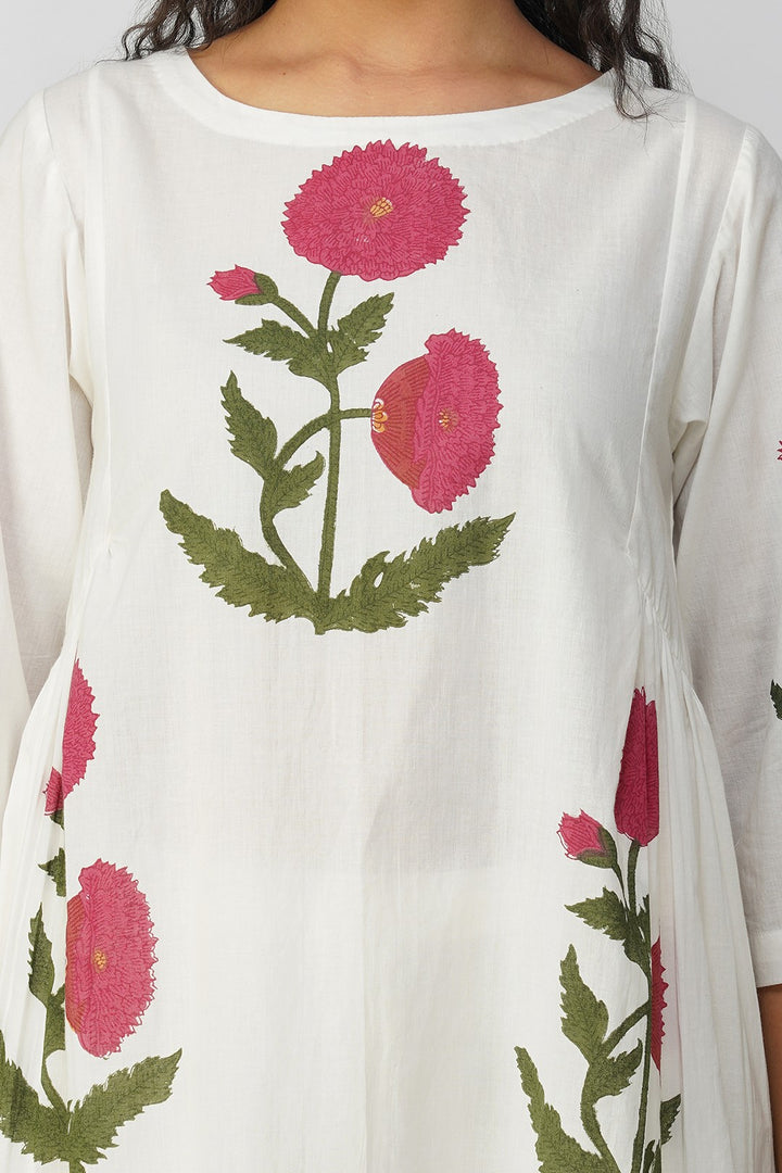 White Side Gather tunic with Pink Floral Print and Lace Pants