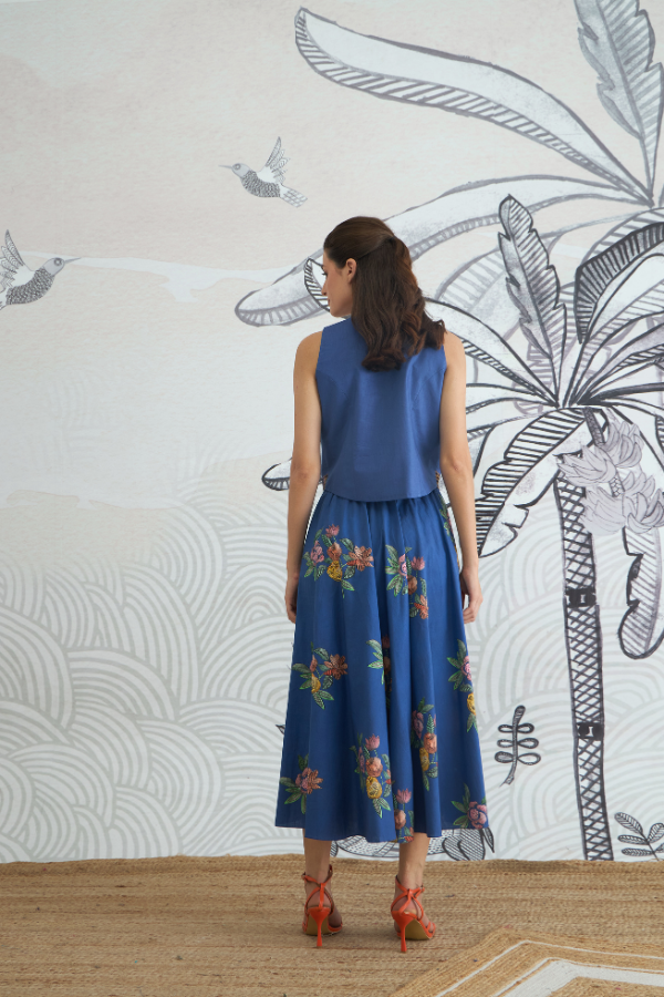 BLUE EMB WAISTCOAT TOP AND BLUE FLOWER SKIRT