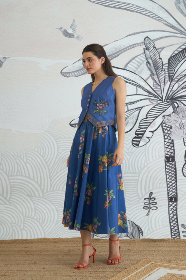BLUE EMB WAISTCOAT TOP AND BLUE FLOWER SKIRT