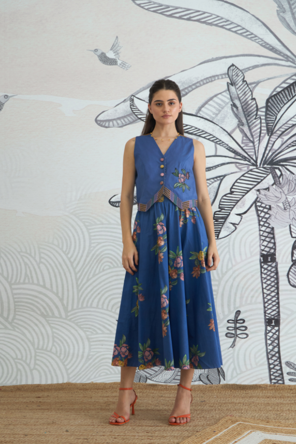 BLUE EMB WAISTCOAT TOP AND BLUE FLOWER SKIRT
