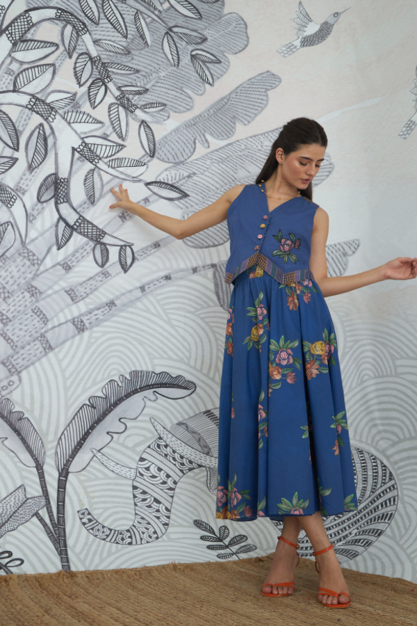 BLUE EMB WAISTCOAT TOP AND BLUE FLOWER SKIRT