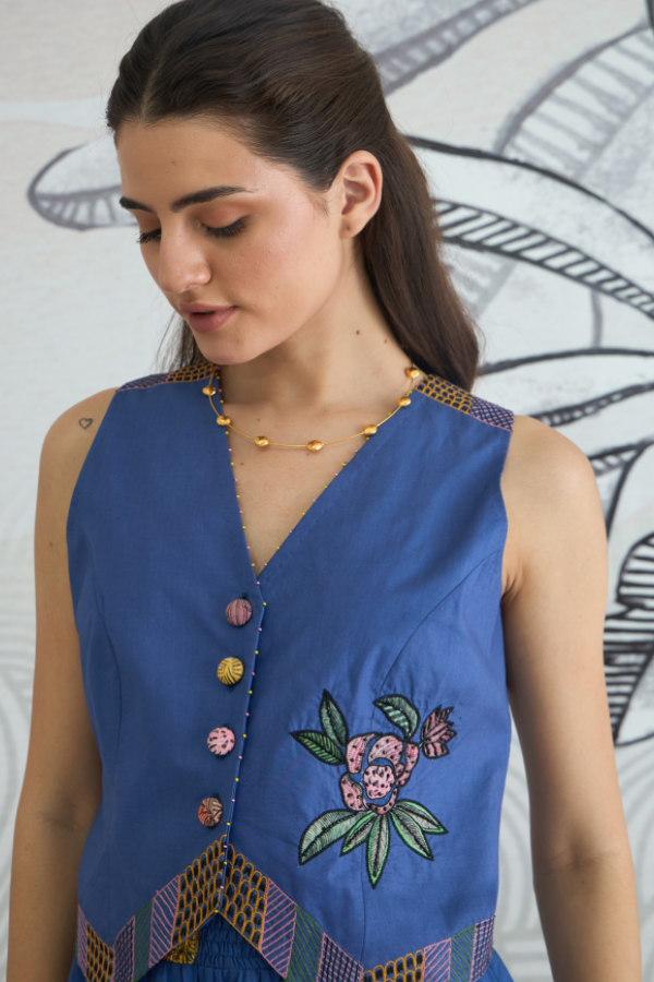 BLUE EMB WAISTCOAT TOP AND BLUE FLOWER SKIRT