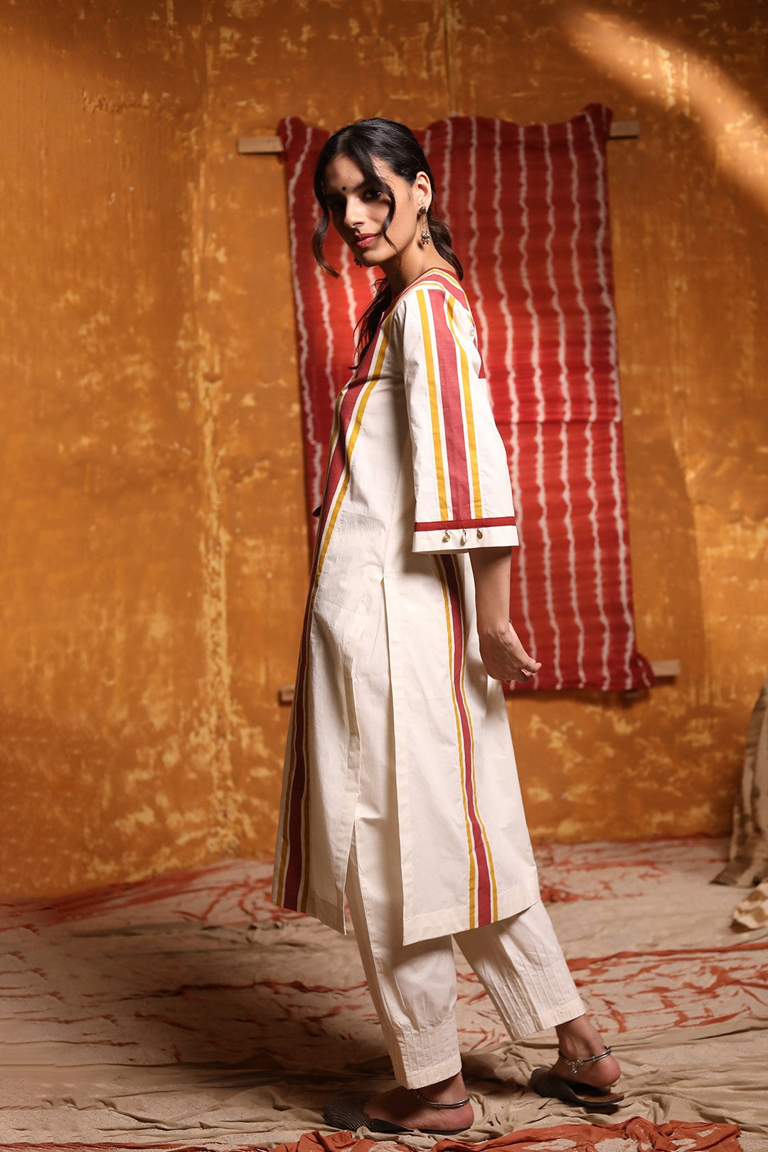 Ivory Colour Block Embriodery Patch Kurta With Pants