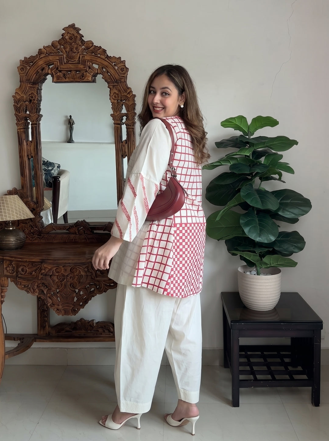 SHIRIN: COTTON SILK IVORY RED CHECK TUNIC