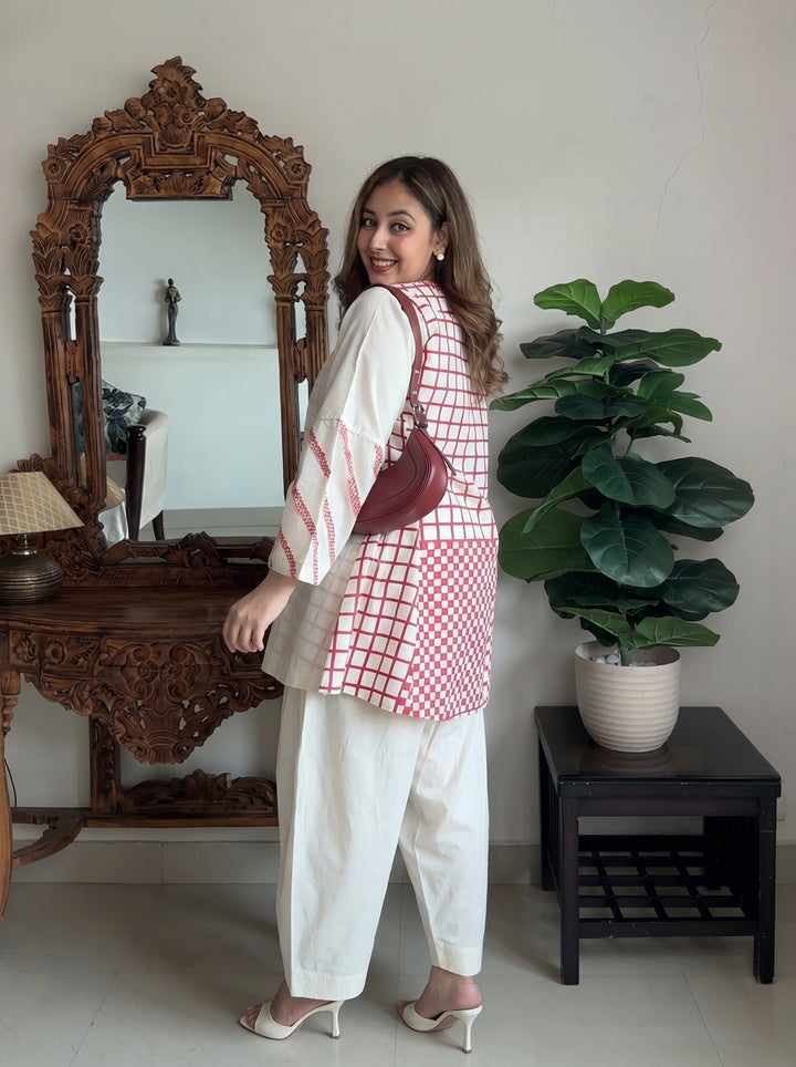 SHIRIN: COTTON SILK IVORY RED CHECK TUNIC