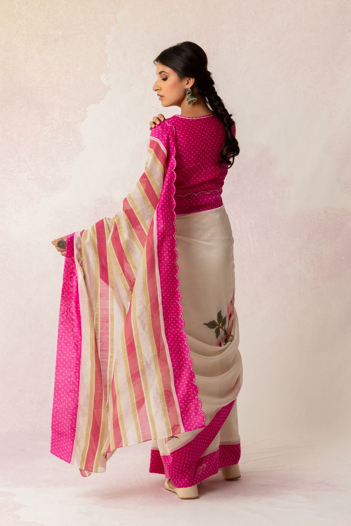 BAHAAR PINK POLKA FLORAL MIX SAREE