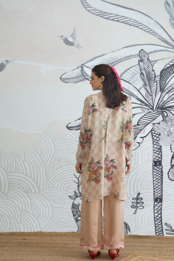 BEIGE CHECK FLOWER KIMONO TUNIC WITH PLAIN PANTS