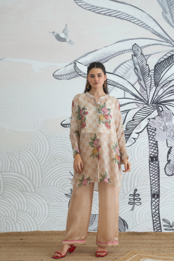 BEIGE CHECK FLOWER KIMONO TUNIC