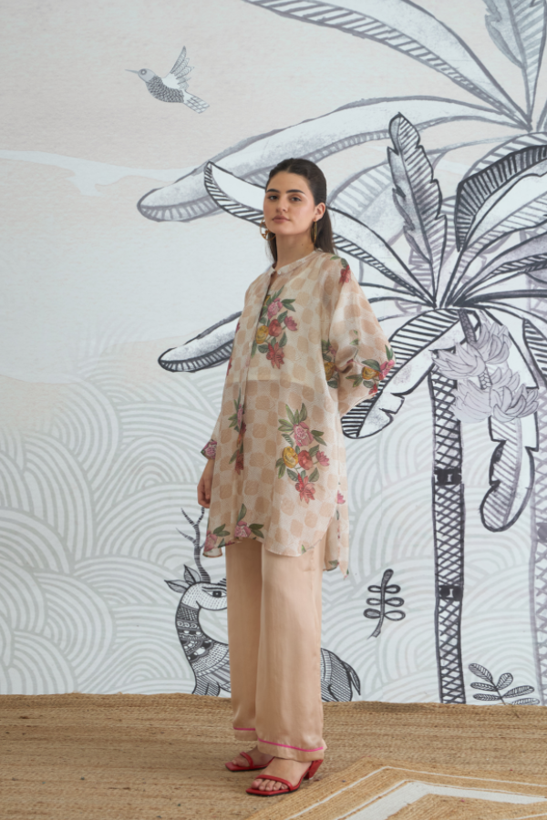 BEIGE CHECK FLOWER KIMONO TUNIC WITH PLAIN PANTS