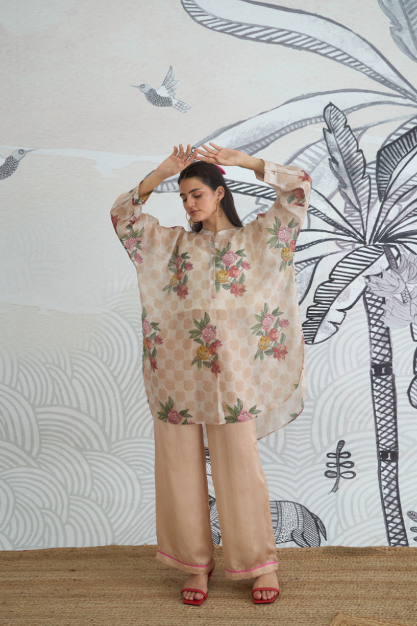 BEIGE CHECK FLOWER KIMONO TUNIC WITH PLAIN PANTS
