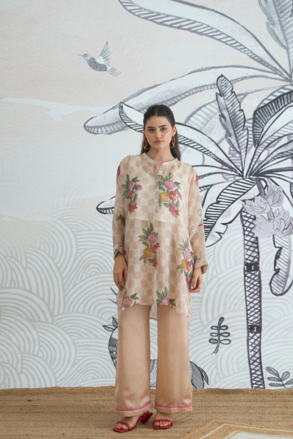 BEIGE CHECK FLOWER KIMONO PLAIN PANTS