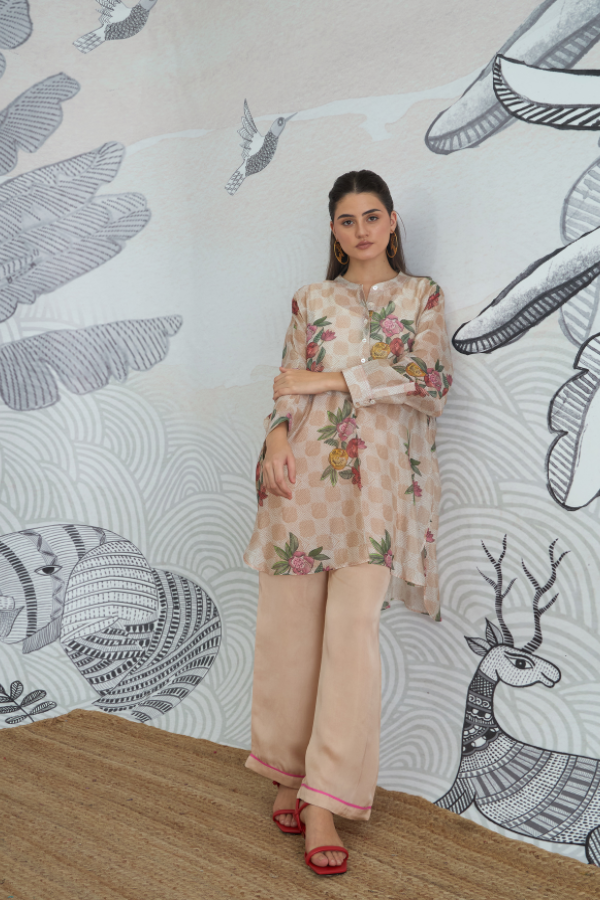 BEIGE CHECK FLOWER KIMONO PLAIN PANTS