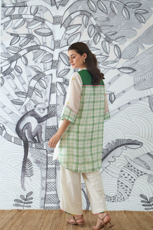 GREEN CHECK EMBEROIDERY SHORT TUNIC AND PANTS