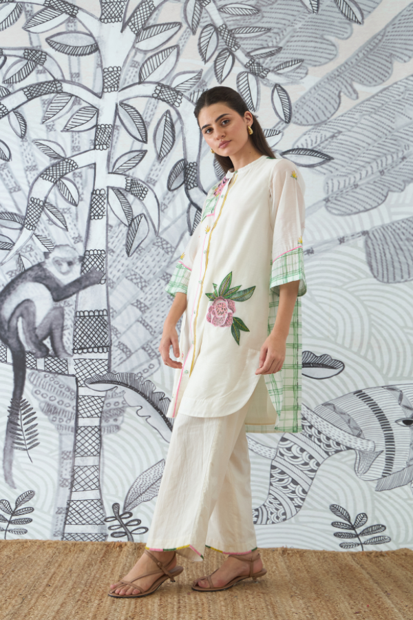 GREEN CHECK EMBEROIDERY SHORT TUNIC AND PANTS