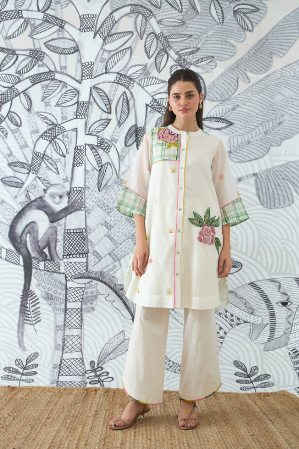 GREEN CHECK EMBEROIDERY SHORT TUNIC AND PANTS