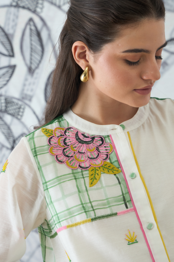 GREEN CHECK EMBEROIDERY SHORT TUNIC AND PANTS