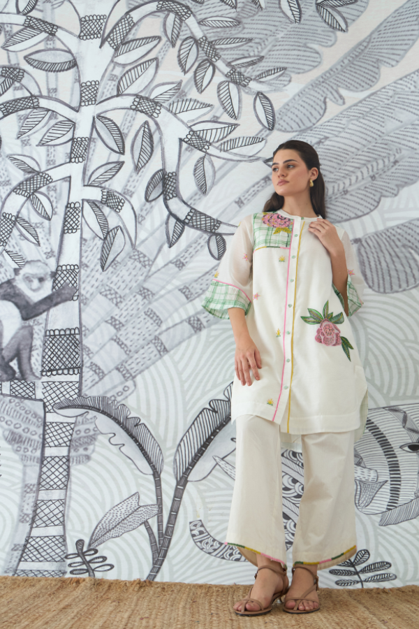 GREEN CHECK EMBEROIDERY SHORT TUNIC AND PANTS